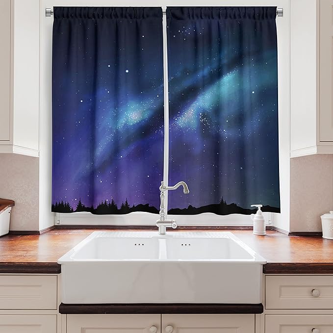 Ambesonne Night Kitchen Curtains, Milky Way Inspired Nebula Cluster Galaxy Cosmos Constellation, Window Drapes 2 Panel Set for Kitchen Cafe Decor, 55" x 39", Blue Black