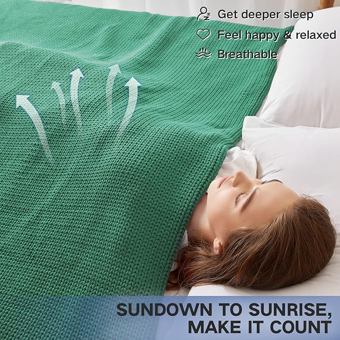 Knitted Weighted Blanket(Green 50"x75" 15lbs),Home Décor Cooling Throw Blanket for Hot Sleepers,Hand Made Chunky Knit Heavy Blanket for Adults Use on Full Size Bed