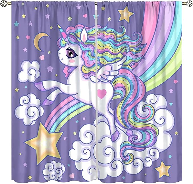 Kids Unicorn Curtains Purple Cartoon Rainbow Cartoon Room Blackout Curtains Boys Girls Baby Room Decor Curtains Living Room Decor 42x45 Inch 2 Panels