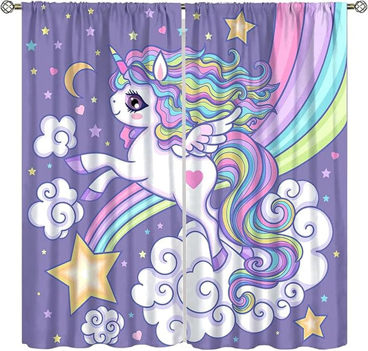 Kids Unicorn Curtains Purple Cartoon Rainbow Cartoon Room Blackout Curtains Boys Girls Baby Room Decor Curtains Living Room Decor 42x54 Inch 2 Panels