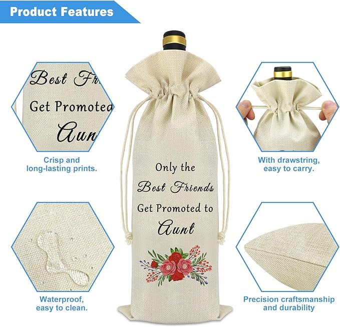 New Aunt Gift Wine Bag Auntie to be Gift Pregnancy Announcement Gift for Friends Sister Wine Bag Baby Shower Baby Reveal Gift for Aunt Mother's Day Christmas Birthday Gift Promoted to Auntie Gift