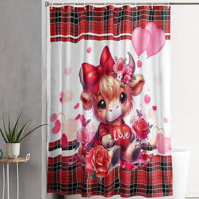 AILONEN Cartoon Yak Shower Curtain Set, Lovely Red Rose Cow Polyester Waterproof Shower Curtain for Bathroom,Love Scottish Tartan Theme Cloth Bath Curtain Set with Hooks,60" Wx72 H