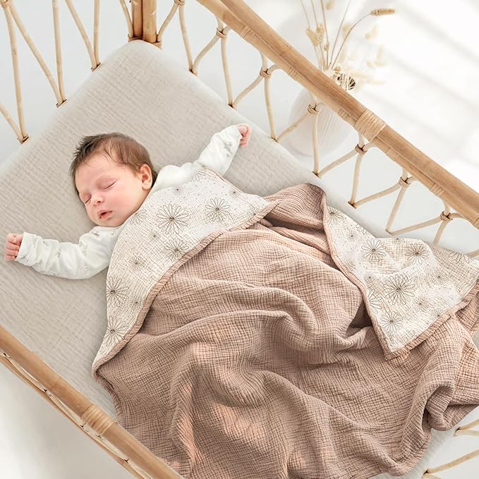 Lulu moon Muslin Quilt Blanket, Crib Blanket for Baby and Toddler,47x47 Inches(Sand Daisy)