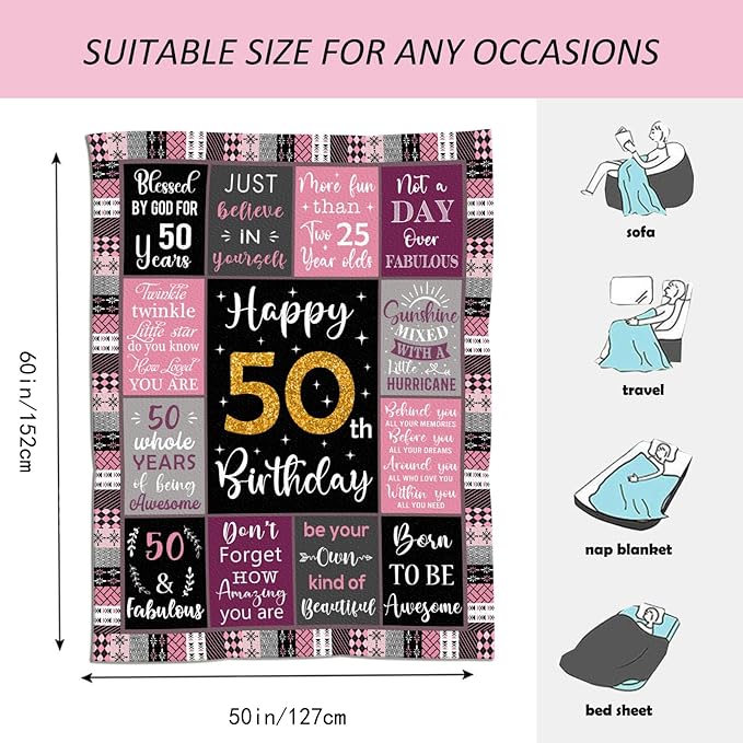 50th Birthday Gifts for Women, 50th Birthday Gift Blanket 50"X60", 50 Year Old Gifts for Women, 50th Birthday Gifts for Her, 50th Birthday Decorations, 50 Years Old Birthday Gifts for Woman