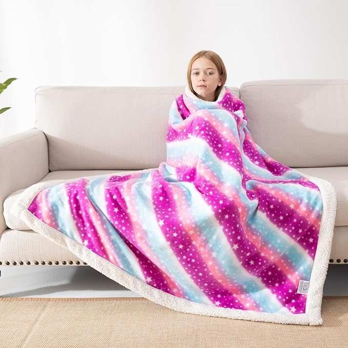 COSUSKET Kids Star Throw Blanket, Rainbow Sherpa Plush Warm Blanket Girls Gifts