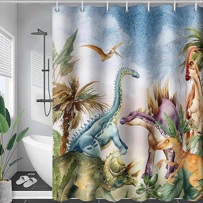 AILONEN Dinosaur Shower Curtain 72" W*78" H for Bathroom,3D Tropical Dinosaur Bathroom Shower,Cartoon Dinosaur Boys Bath Curtain Polyester Waterproof Shower Curtain with 12 Hooks