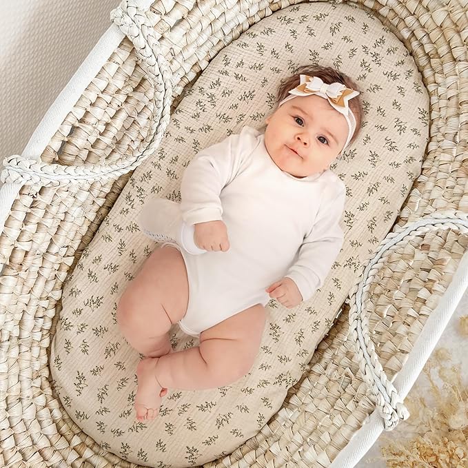 Muslin Bassinet Sheets Baby: Cotton Bassinet Sheets Fitted for Boys and Girls - Bassinet Sheets for Oval Rectangle or Hourglass Mattress(Autumn Leaf)