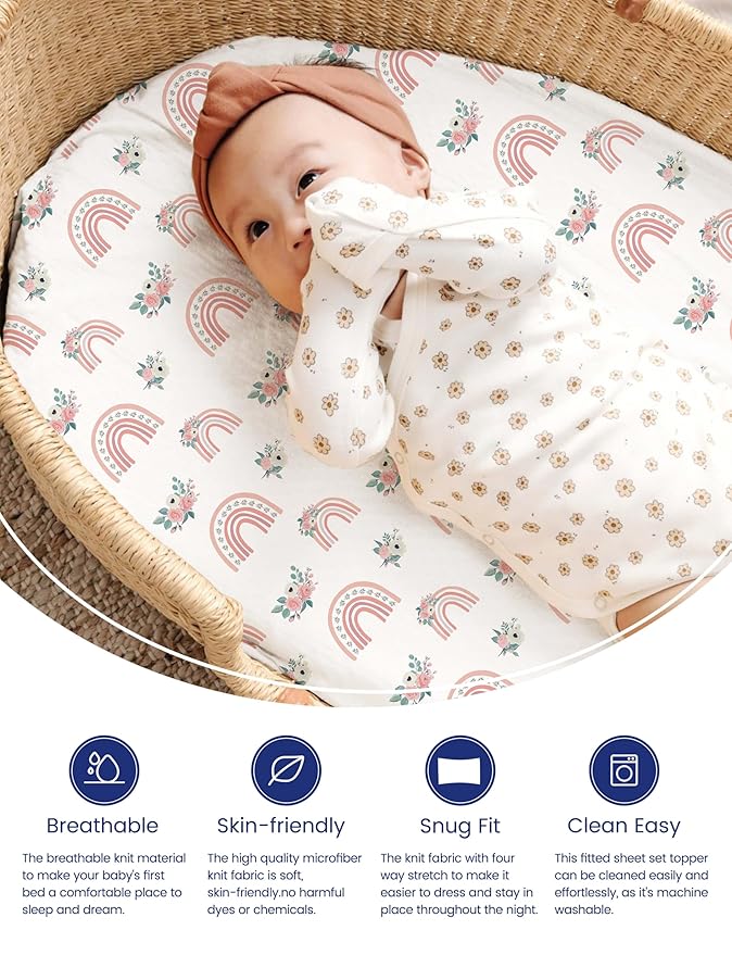 TotAha Premium Soft Bassinet Sheet for Boy Girl, Super Stretchy Jersey Knit Bassinet Fitted Sheet, Compatible with Halo, Maxi COSI, Mika Micky, SNOO, and Other Bassinet, 2 Pack (Rainbow)