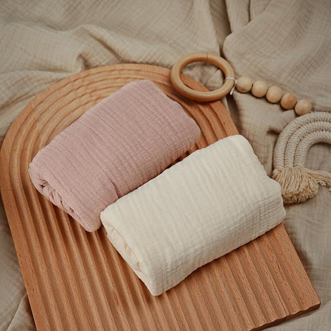 Muslin Bassinet Fitted Sheets, 2 Pack for Baby Boy and Girl, Soft Breathable Baby Pad/Mattress Sheet, Fit for Hourglass Oval and Rectangle Bassinet Mattress (Gentle Colors, Bassinet Sheets 2 Pack)