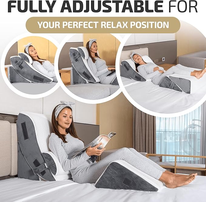 5pcs Orthopedic Bed Wedge Pillow Set w/Leg Elevation Pillow - Perfect Adjustable Memory Foam Pillows for After Surgery Recovery, Back Support, Pain Relief, Acid Reflux, Sleeping & GERD