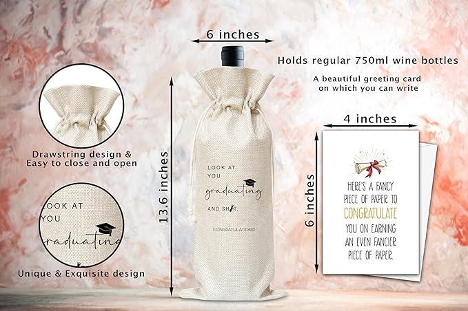 Graduation Wine Gifts Bag, Congratulations Graduation Reusable Wine Bag, Champagne Gifts Bag, Congrats Gifts For College Masters Doctorate Graduation Party, Burlap Drawstring Wine Bag With Card-18