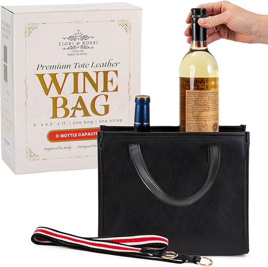 FIORI & ROSSI PU Leather Wine Bottle Carrier Bag - Insulated Wine Bag to Store & Carry up to 3 Bottles for Travel, Picnics & Parties - Wine Tote Bag Buckle & Zipper Closure Sleeve Dividers - Black