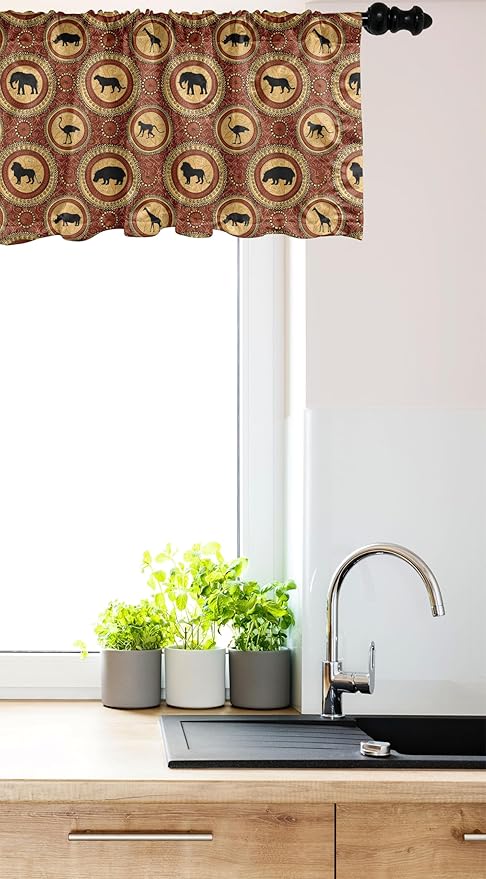 Ambesonne Savannah Window Valance, Medallion Pattern of Monkey Giraffe Lion African Inspired Ethnic Design, Curtain Valance for Kitchen Bedroom Decor with Rod Pocket, 42" x 12", Mustard and Brown