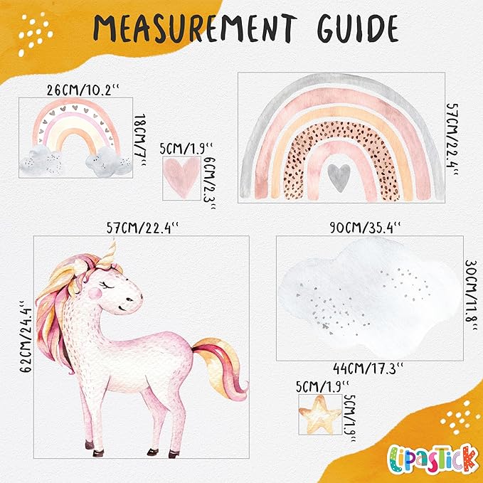 Large Rainbow Wall Decals by Lipastick - 144 pcs Rainbow Wall Stickers - Unicorn Wall Decals for Kids Bedroom Room Nursery – Kids Wall Stickers Cloud Stars Ponies - Waterproof Wall Art Décor XXL Size