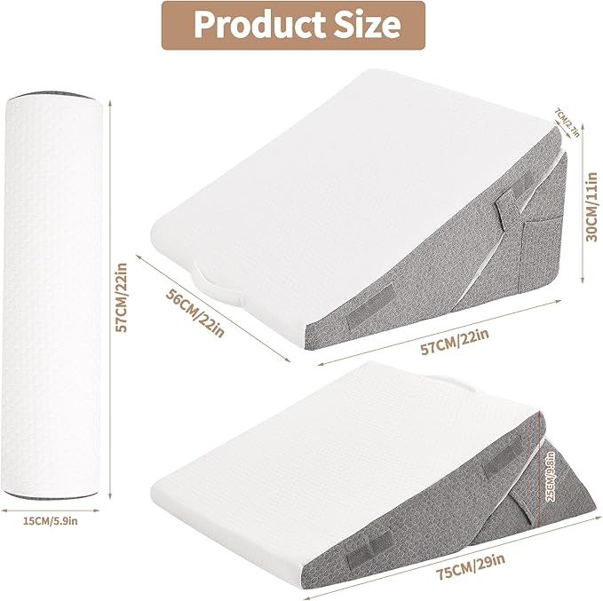Wedge Pillow for Sleeping, 3PCS Bed Pillow for Side Sleeping, L29 x H22 Body Pillow with Memory Foam, Pocket Included