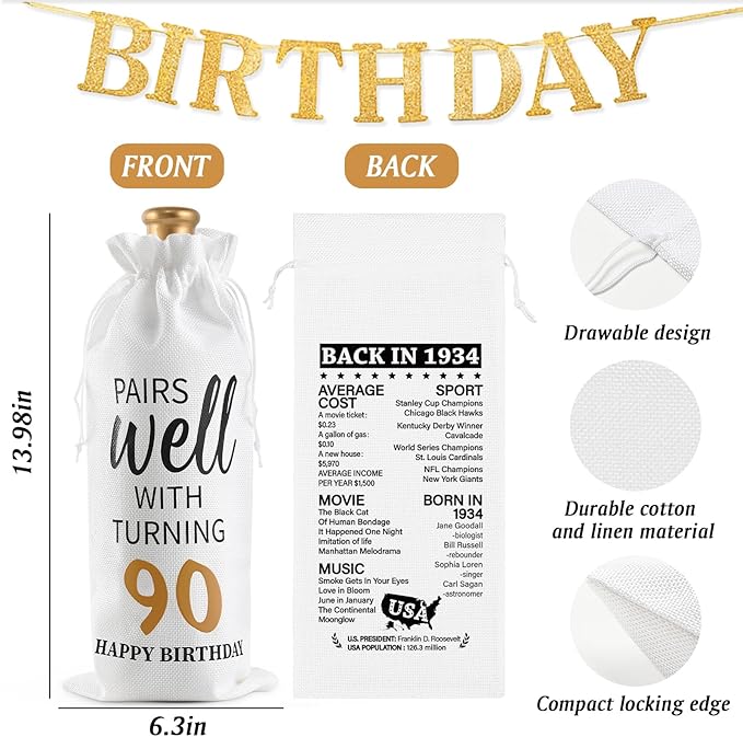 Lifecapido 90th Birthday Gifts for Women, Vintage 1934 Limited Edition Insulated Wine Tumbler with Wine Bag, Gifts for 90 Year Old Woman, 90th Birthday Gift Ideas for Mom Grandma Wine Lover, 12 oz