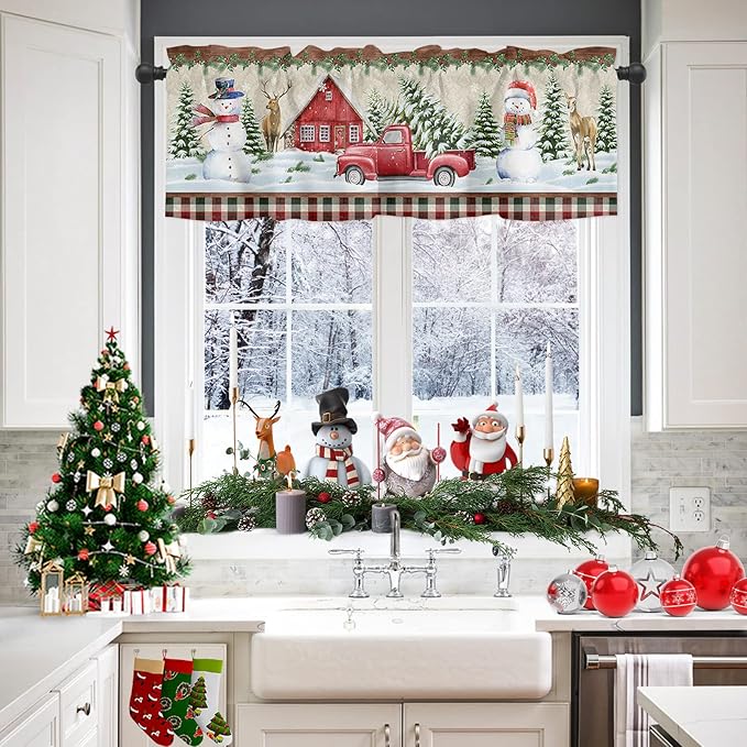 Christmas Kitchen Curtains and Valances Set, Farm Red Truck Window Treatments Tiers Winter Holiday Snowman Semi Sheer Half/Short Curtains for Small Windows Cafe /Living Room/ Bedroom 54x 36 in