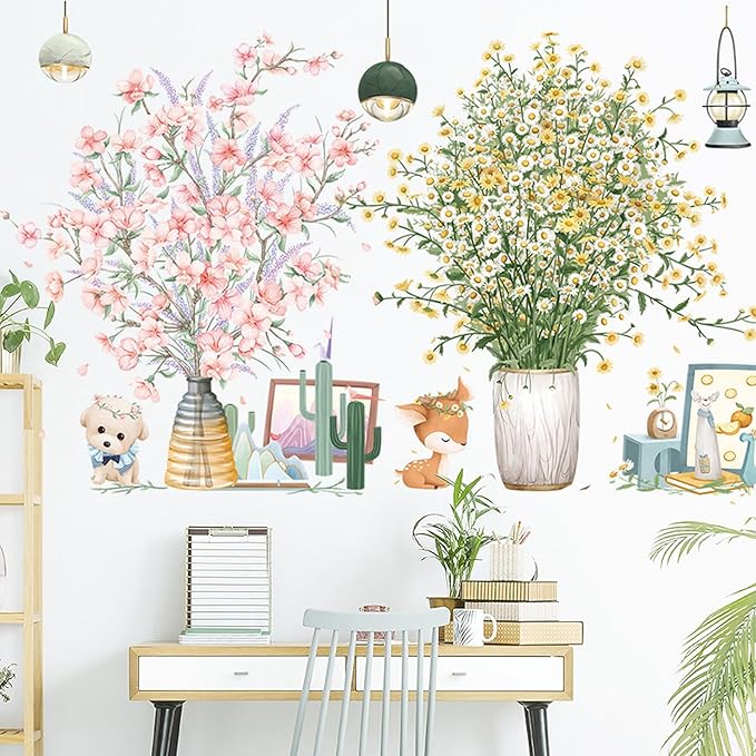 Pink Flowers Potted Plants Wall Decals 3D Simulation Green Plants Wall Stickers Removable Vinyl Peel and Stick for Living Room Bedroom Kitchen Playroom Sofa TV Background Art Decorations