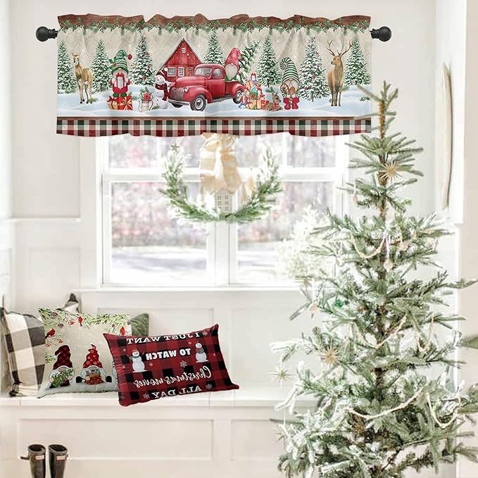 Christmas Farmhouse Valance Kitchen Curtains for Windows, Red Truck Gnomes Rod Pocket Valances Window Treatments Winter Holiday Snowman Short Curtains For Bedroom/ Living Room, 54" X 18" -1 Panel