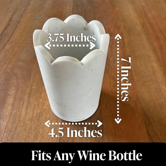 Scalloped Marble Wine Chiller - 750ml Wine Bottle Cooler & Chiller for Party, Bar Cart & Kitchen Decor Keeps Wine & Bottle Cold - Multi-Purpose Marble Utensil Holder for Kitchen Counter