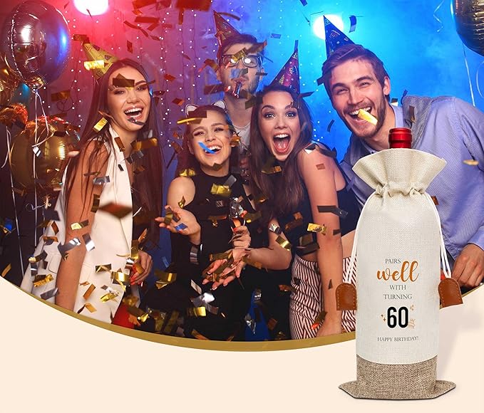 60th Birthday Wine Bag, Cotton Linen Wine Gift Bag With Drawstring, Wine Champagne Bottle Gift Bag, 60 Years Old Birthday Gifts for Woman Her Friend Sister, 60th Birthday Party Favors-29