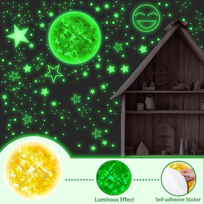 965 PCS Glow in The Dark Stars and Sun for Ceiling, Luminous Stars and Planet Wall Decals, Kids Room Decor, Glowing Galaxy Wall Stickers for Nursery Decorations (Green)