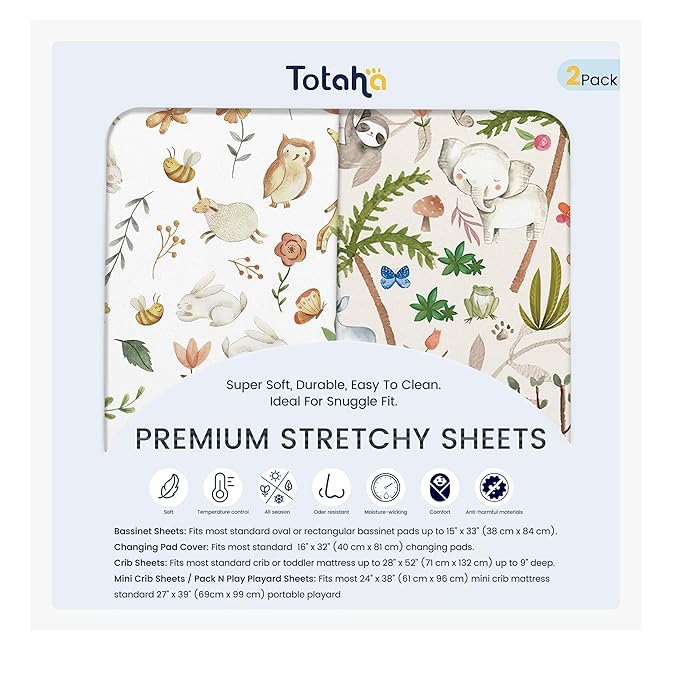 TotAha Premium Soft Bassinet Sheet for Boy Girl, Super Stretchy Jersey Knit Bassinet Fitted Sheet, Compatible with Halo, Maxi COSI, Mika Micky, SNOO, and Other Bassinet, 2 Pack (Happy Zoo & Jungle)
