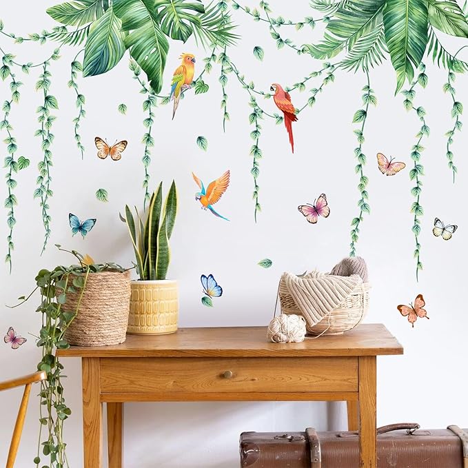 Removable Tropical Leaves Wall Decals Vinyl Hanging Vines Green Plants Wall Stickers Peel and Stick Jungle Safari Mural Art Decor for Nursery Classroom Bedroom Office Sofa Background