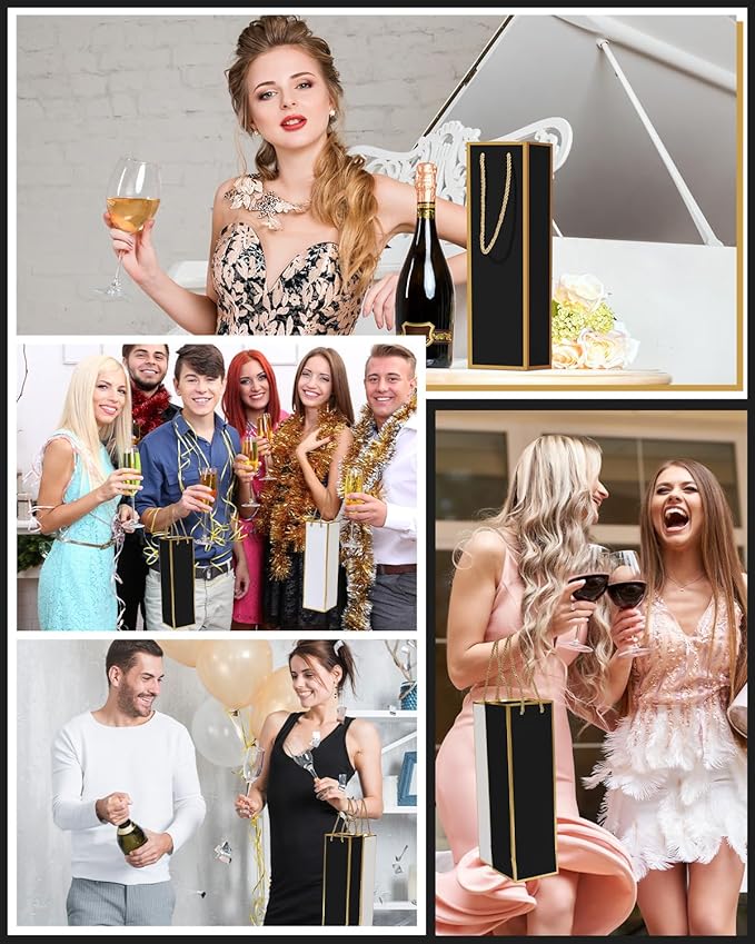 Megitzuu 12 Pack Wine Bottle Gift Bags - Wine Bags with Gold Foil Design, Reusable Bottle Totes for Fathers Day, 13.8"x4"x4" Kraft Paper Wine Bag with Handles for Birthday Party Wedding Bridal Shower
