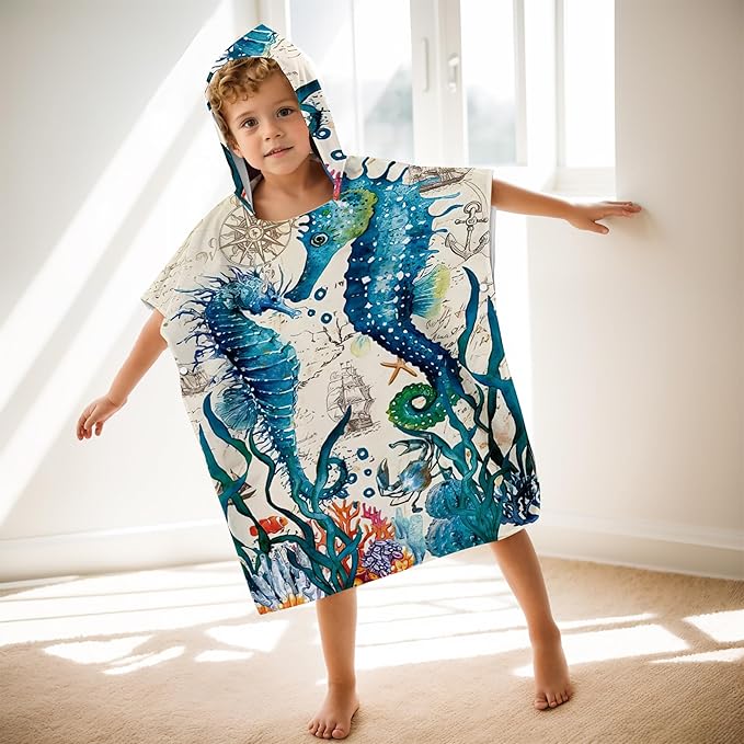 Seahorse Beach Towel with Hood for Boys Girls Premium Microfiber Kids Hooded Bath Towel Toddler Swim Pool Cover Up for 2-8 Years