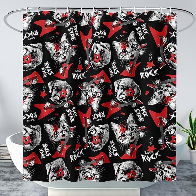 AILONEN Kitten and Puppy Shower Curtain,Rock Kitten Puppy Bath Curtains for Kids Boys Girls,Animal Polyester Waterproof with Plastic Hooks 36" W*72" H