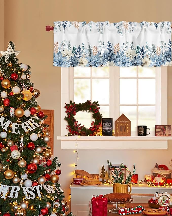 Blue Christmas Poinsettia Valance Curtains for Kitchen Windows Winter Eucalyptus Leaves Rod Pocket Window Treatment Toppers for Kitchen/Living Room/Bedroom/Bathroom, 54" X 18",
