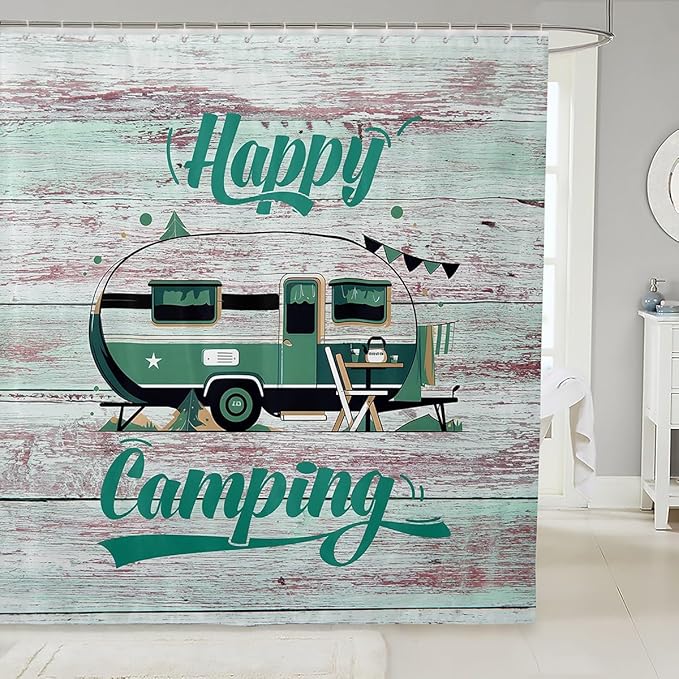 Feelyou Camper Shower Curtain Camping Bathroom Shower Curtain Set Happy Camping Bath Curtain for Kids Boys Girls Cartoon Camping Kids Bathroom Accessories 72"x78"