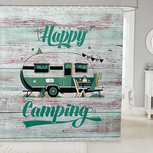 Feelyou Camper Shower Curtain Camping Bathroom Shower Curtain Set Happy Camping Bath Curtain for Kids Boys Girls Cartoon Camping Kids Bathroom Accessories 72"x78"