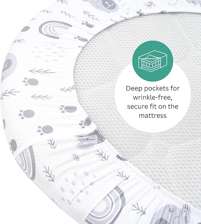 TansyPanda Bassinet Sheets for Halo Bassinest Swivel, Flex, Glide, Premiere and Luxe Series Sleeper, Pack of 3, 33 X 17 Inch, Ultra Soft and Snug Fit, Unisex Boys Girls, Gray White (Woodland Rainbow)