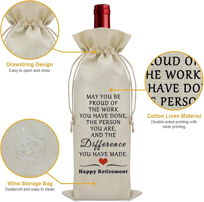 Happy Retirement Gifts Wine Bag Funny Going Away Gifts for Coworkers Leaving Job Party Decorations Wine Bottle Decoration Bag Retirement Appreciation Gifts Wine Accessories Gifts for Wine Lovers