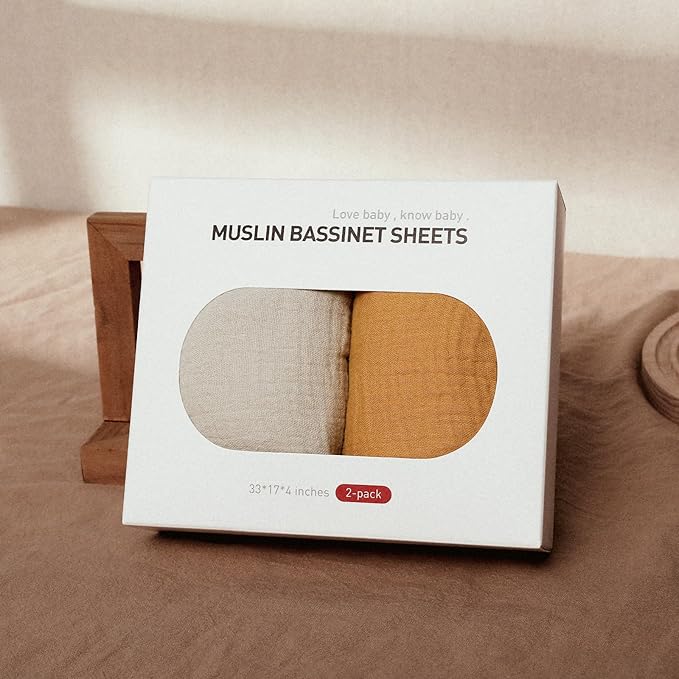 Muslin Bassinet Sheets 2 Pack for Baby Boy and Girl, Breathable Elastic Cozy Fitted Cotton Bassinet Mattress Sheet, Universal Fit for Hourglass Oval and Rectangle Bassinet Mattress (Elegant Colors)