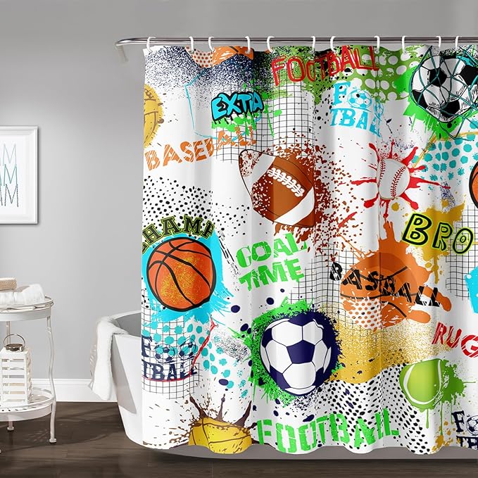 AILONEN Sport Shower Curtain,Graffiti Basketball Football Baseball Rugby Sport Art Bath Curtain Minimalist Bathroom Curtain 48" W*72" H Polyester Waterproof Bathroom Curtain with 12 Hooks