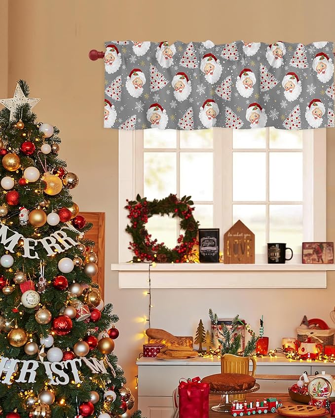 Grey Christmas Valance Curtains for Kitchen Windows Santa Claus Merry Christmas Tree Rod Pocket Window Treatment Toppers for Kitchen/Living Room/Bedroom/Bathroom, 42" X 12", Winter Snowflake