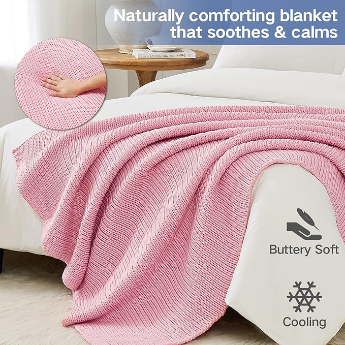 Knitted Weighted Blanket(Pink 50"x60" 10lbs),Home Décor Cooling Throw Blanket for Hot Sleepers,Hand Made Chunky Knit Heavy Blanket or Adults Use on Twin Size Bed