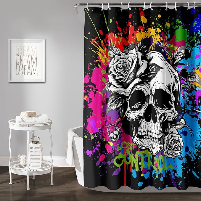 AILONEN Rose Skull Shower Curtain for Bathroom,Colorful Graffiti Art Bathroom Curtain for Kids Boys Girls,Bath Curtain 72" W*72" H Polyester Waterproof Bathroom Curtain with 12 Hooks