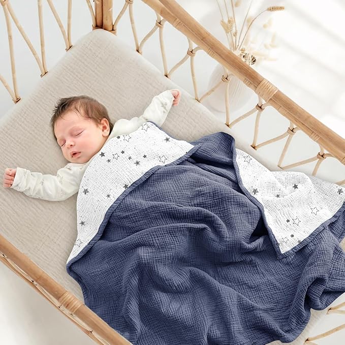 Lulu moon Muslin Quilt Blanket, Crib Blanket for Baby and Toddler,47x47 Inches(Blue Star)