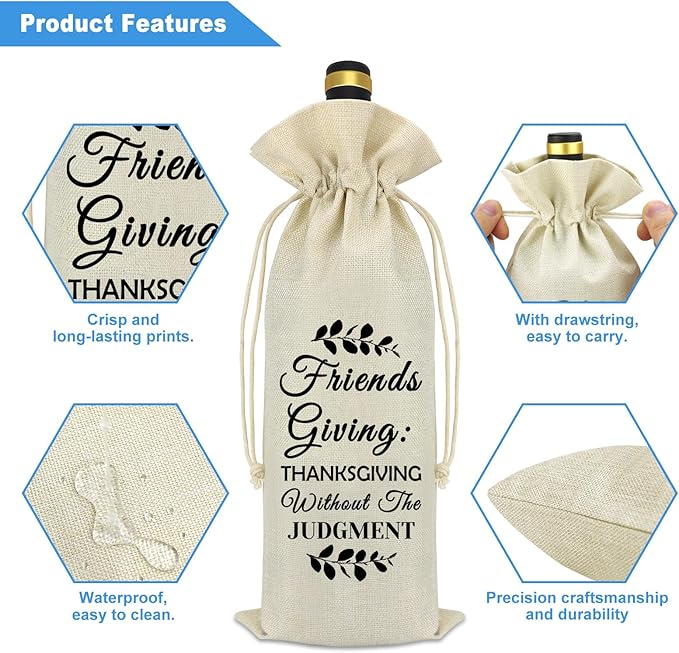 Friends Giving Gift Thanksgiving Decorations Wine Bag Thank You Gifts for Women Men Best Friends Friendship Gifts Thanksgiving Christmas Birthday Gift for Friends Bestie BFF Reusable Wine Bottle Bags