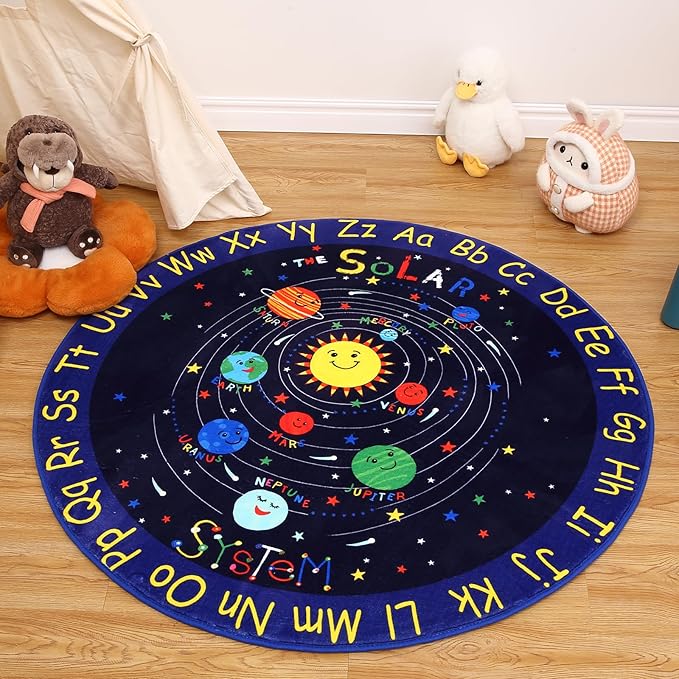 Kids Rug 4x4 Round Rug Solar System Pattern Nursery Rug Baby Soft Area Rug Non Shedding Carpet for Babyroom Play Room Non Slip Educational Rug Galaxy Outer Space Playmat, Blue Round 4'x4'