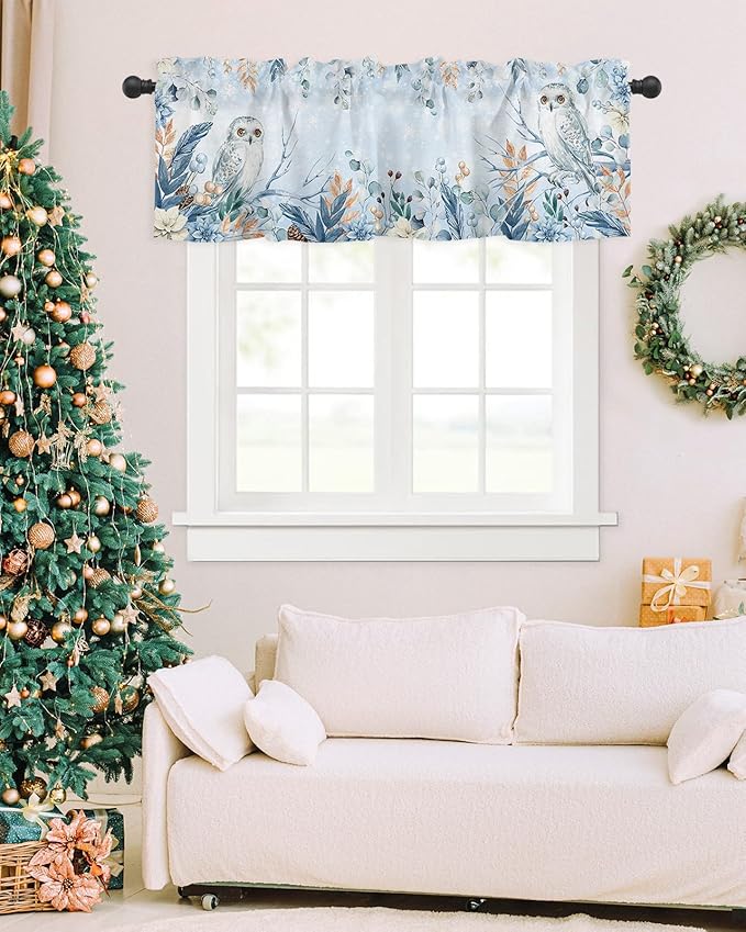 Blue Christmas Valance Curtains for Kitchen Windows Winter Snowy Owl Poinsettia Eucalyptus Leaves Rod Pocket Window Treatment Toppers for Kitchen/Living Room/Bedroom/Bathroom, 54" X 18",