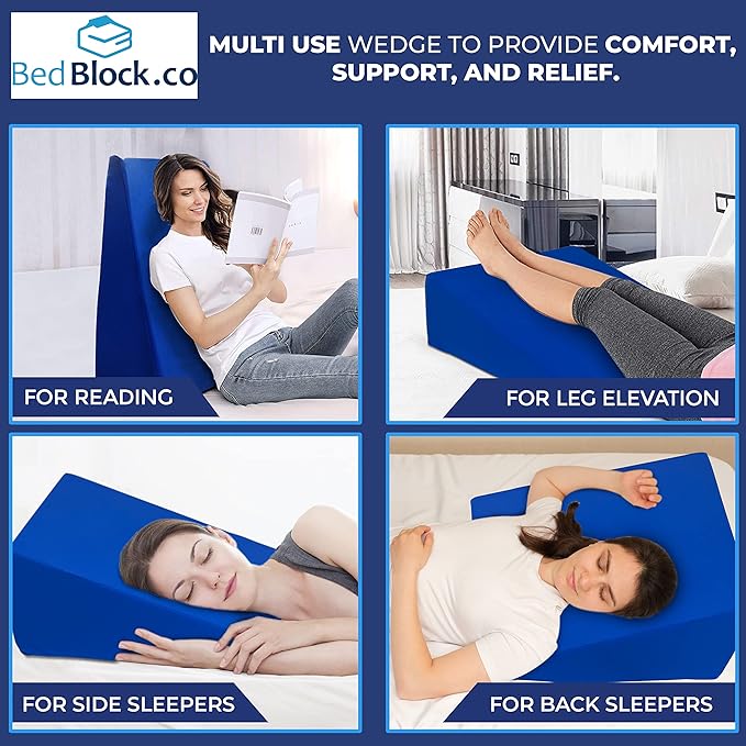 Bed Wedge Elevator for Acid Reflux, Sleeping, Posture Control, Surgery Recovery, 7.5 inch Lift. Royal Blue Polyester Cover