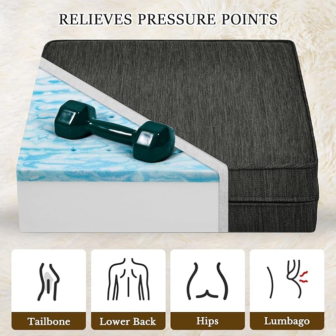 baibu 18"x 18"x 4" Dual-Layer Gel Memory Foam Chair Seat Cushion for Recliners, Couches, Armchairs, Extra Large Non-Slip Chair Cushions for Seniors, Washable, Black