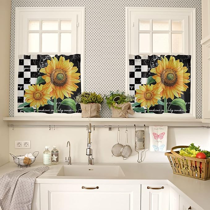 Kitchen Curtains and Valances Set,Farmhouse Sunflower Window Treatments Tiers Black White Buffalo Plaid Semi Sheer Half/Short Curtains for Small Windows Cafe /Living Room/ Bedroom 54x24 in, 3-Piece