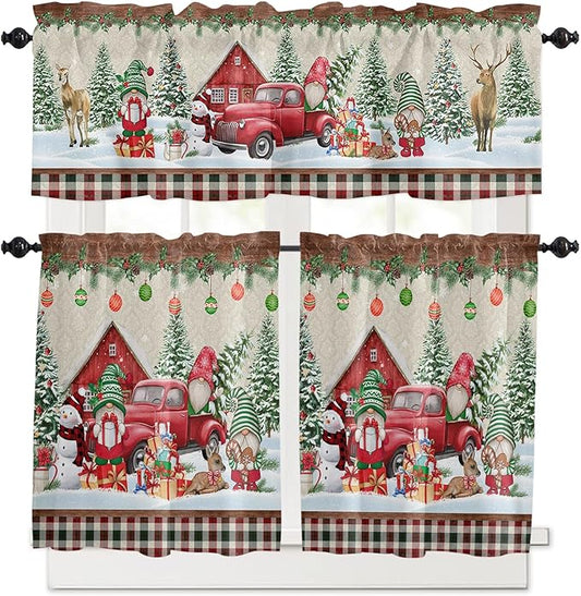 Christmas Farmhouse Kitchen Curtains and Valances Set, Red Truck Gnomes Window Treatments Tiers Winter Holiday Snowman Half/Short Curtains for Small Windows Cafe /Living Room/ Bedroom 54x 36 in