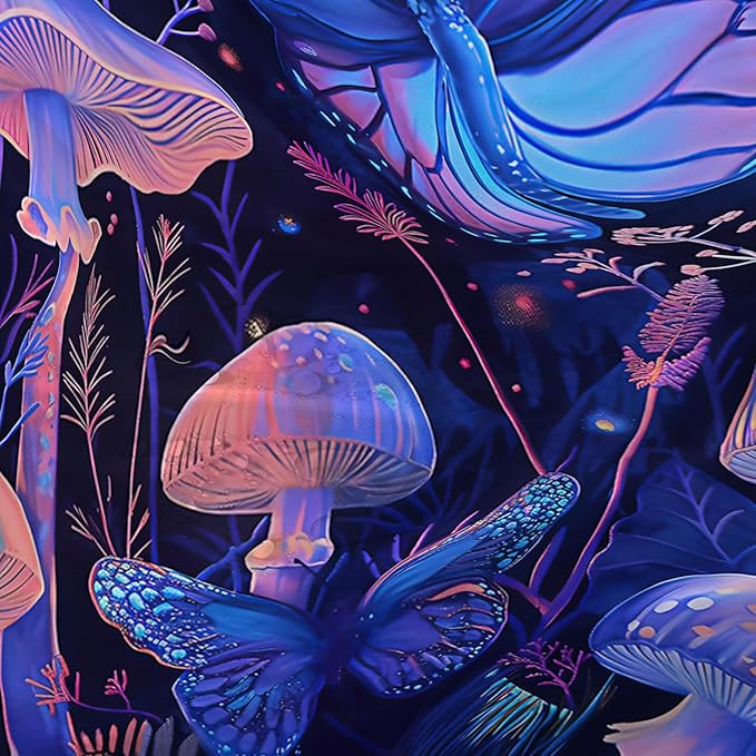 AILONEN Blue Butterfly Shower Curtain,Magic Mushroom Waterproof Fabric Bath Curtain for Kids Girl,Boho Style Shower Curtain Set for Bathroom,Natural Fungal Plant Shower Curtain with Hooks 72" W*96" H